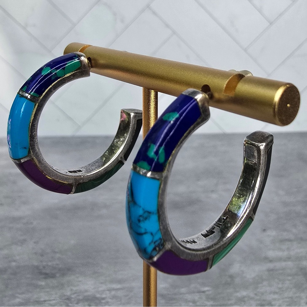Mexico 950 Silver Multi Stone Inlay Hoop Earrings TN-57 Turquoise Malachite 14g - Picture 4 of 14
